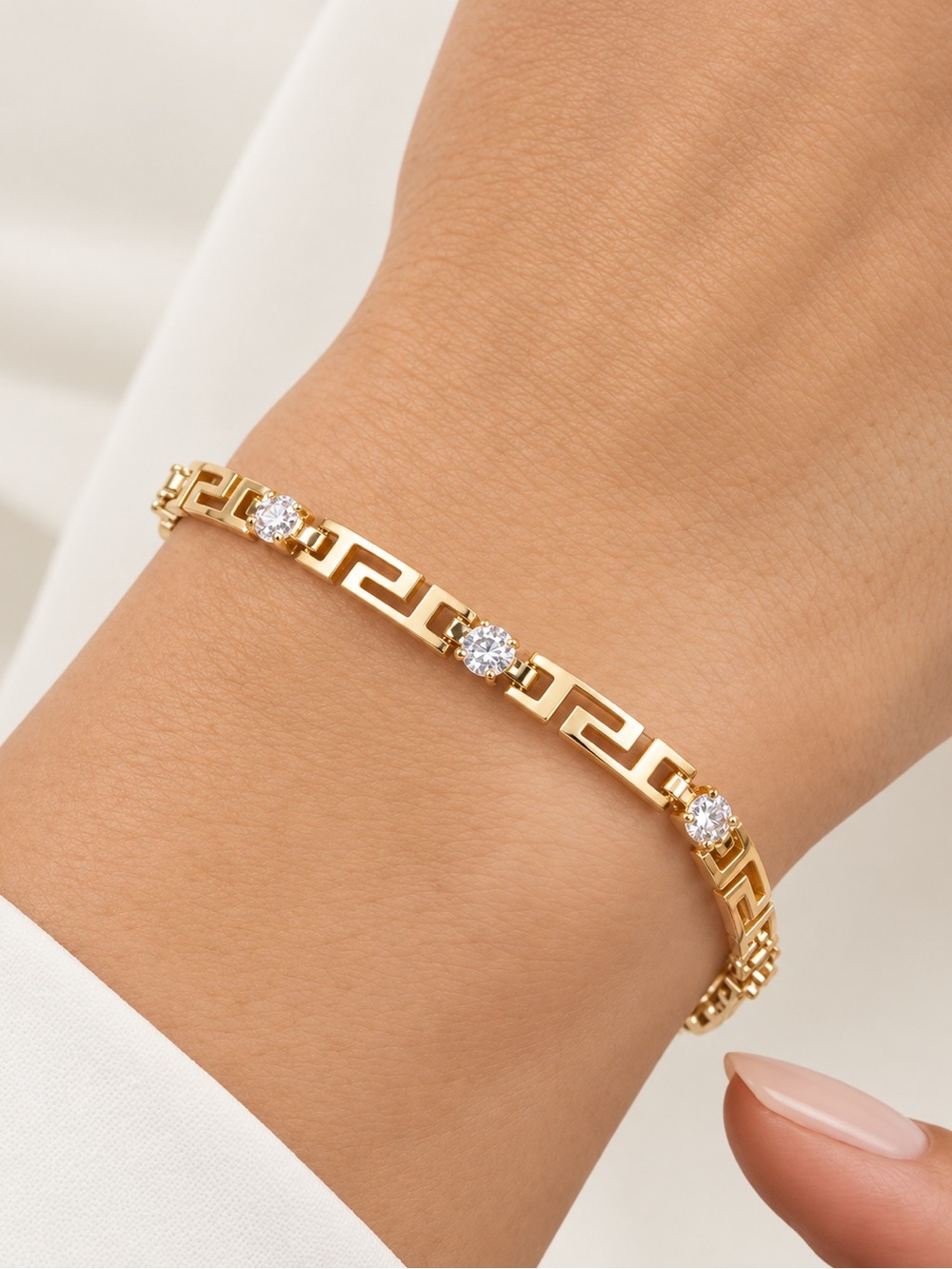 14k Gold Plated Greek Key Meander Bracelet with Cubic Zirconia Stones